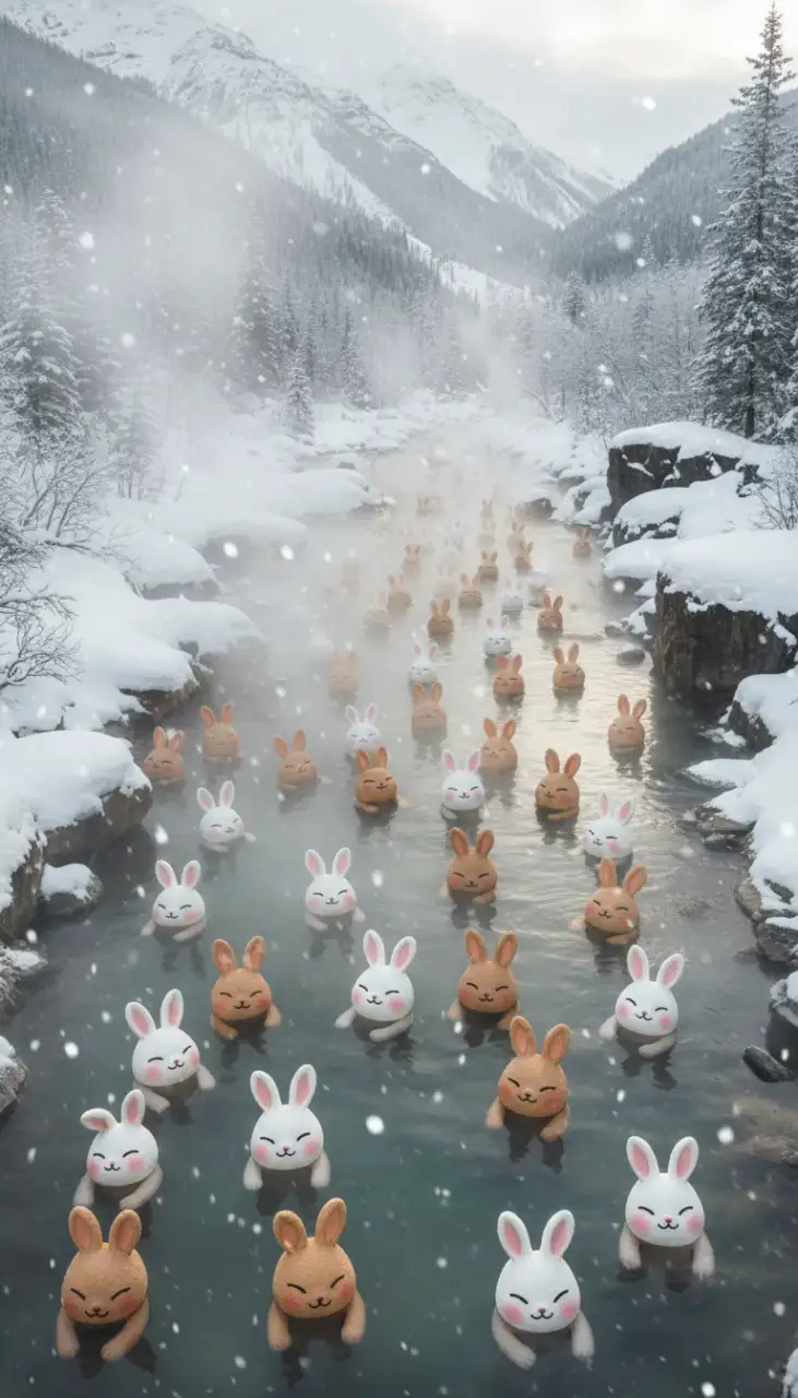 Gempix2 AI-generated cute rabbits in hot spring image